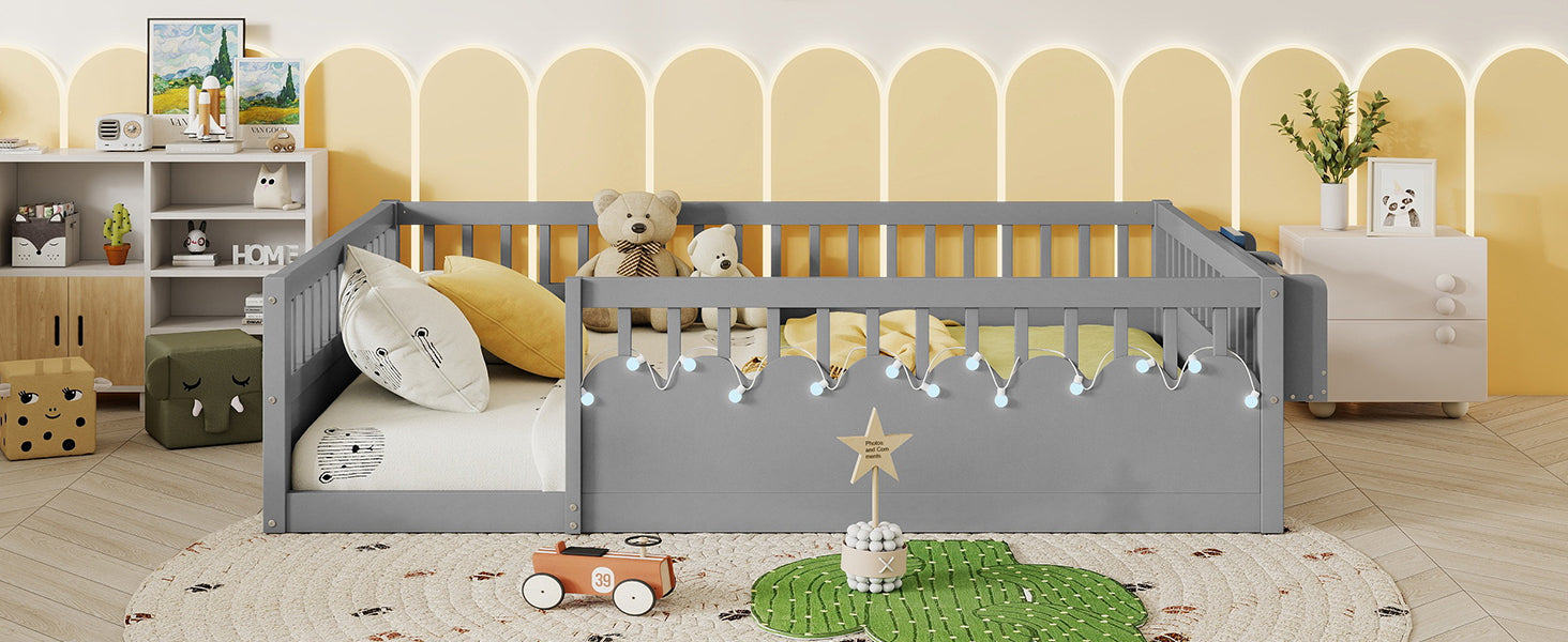 Full Montessori Floor Bed Frame with High Rails, Wood Kids Floor Beds with Light and Storage Shelf, Gray(Expect Arrival Date 2025/8/15)