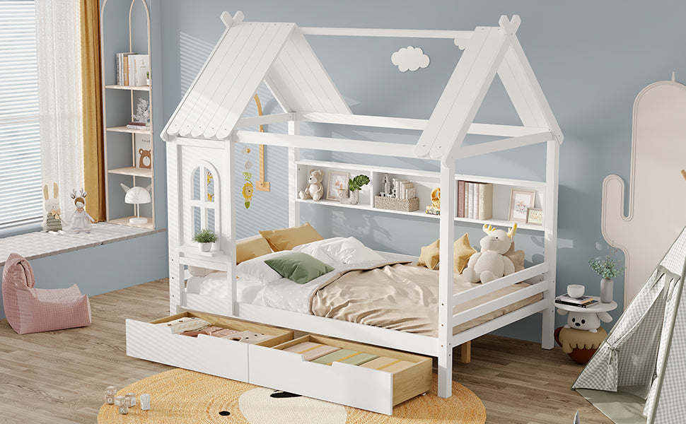 Full house Beds with Storage Drawers and Window, Solid Wood House Platform Bed Frame with shelves, for Kids, Girls, Boys, No Spring Box Needed and Childlike Design, White