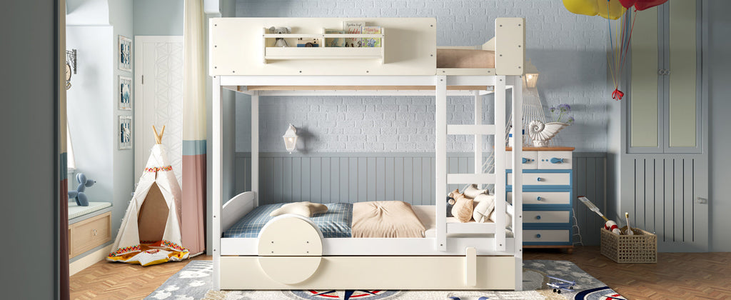 Full Bunk Bed with Trundle , Wood Bunk Bed Frame with Built-in Bookshelf and High-quality Safety Guardrail,Automobile Form Design for Kids ,White＆ Beige.