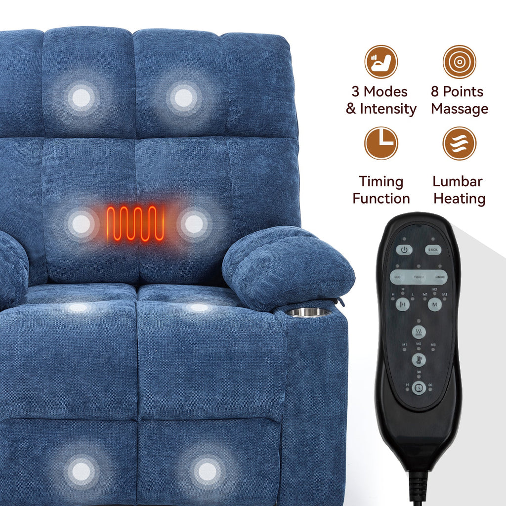 Blue Dual Motor Infinite Position Up to 350 LBS Chenille Power Lift Recliner Chair, Heavy Duty Motion Mechanism with 8-Point Vibration Massage and Lumbar Heating, Dual Cup Holders