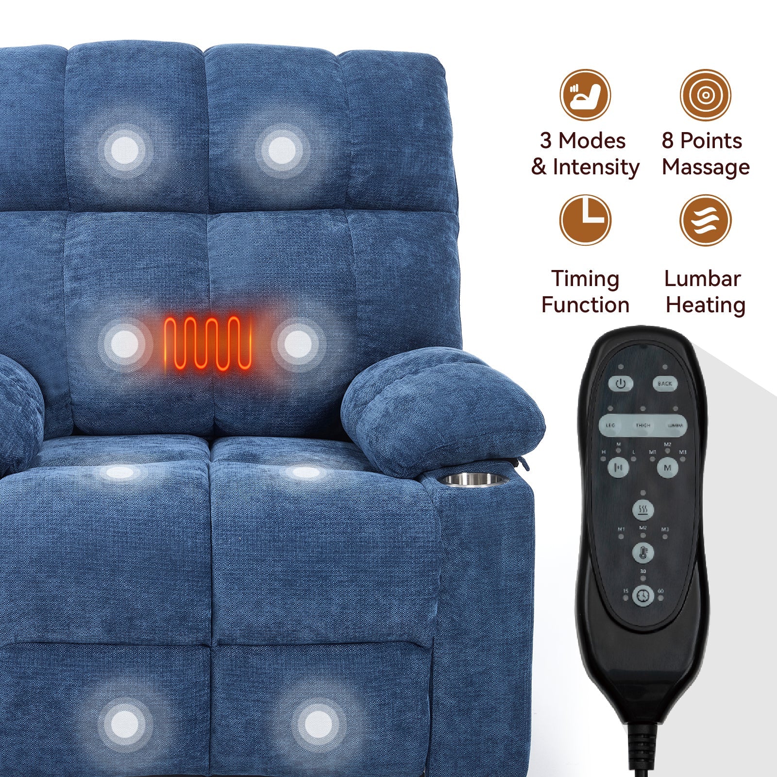 Blue Dual Motor Infinite Position Up to 350 LBS Chenille Power Lift Recliner Chair, Heavy Duty Motion Mechanism with 8-Point Vibration Massage and Lumbar Heating, Dual Cup Holders
