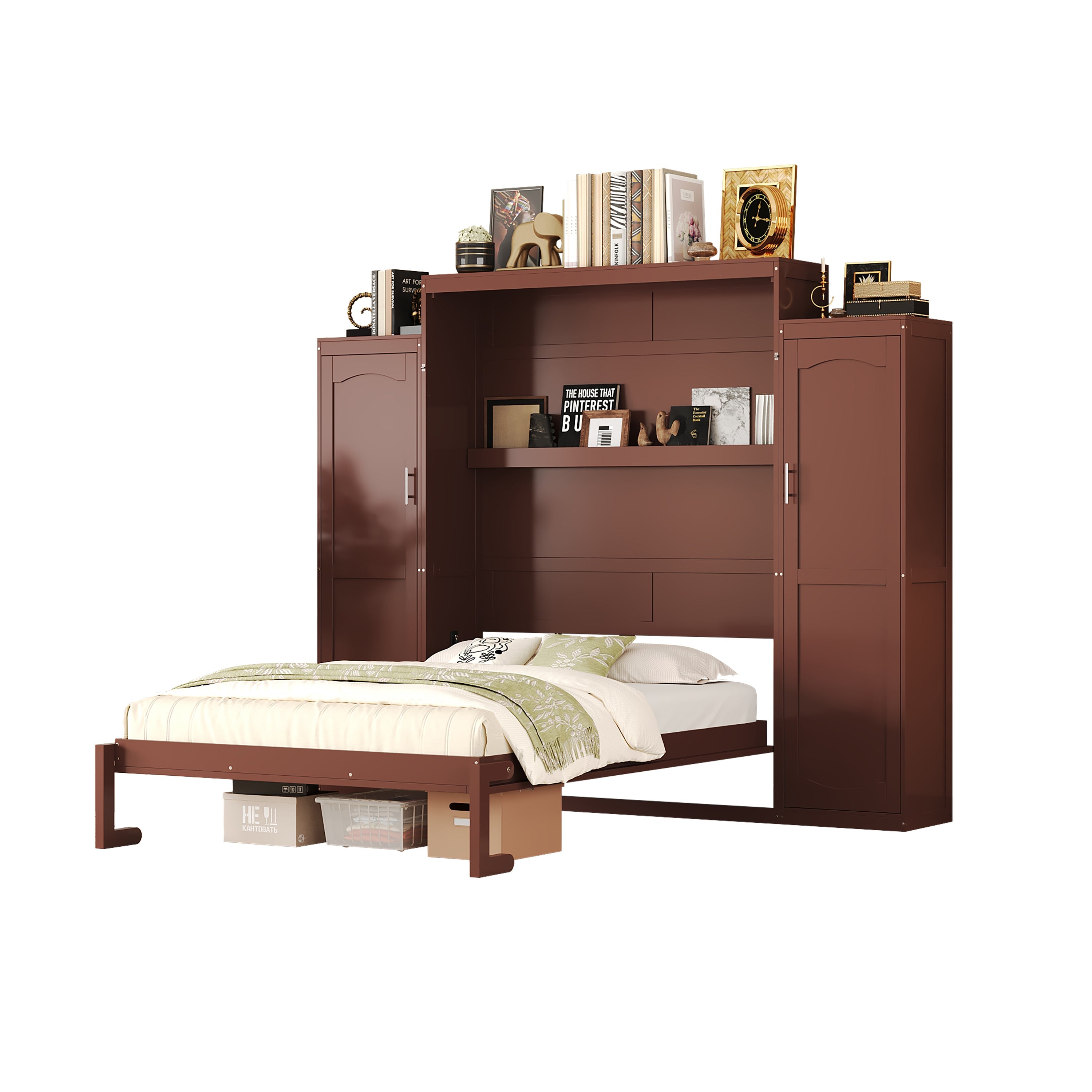 Queen Size Murphy Bed, Wooden Queen Wall Bed with 2 Wardrobe and Storage Shelf, Multifunctional Foldable Platform Bedframe for Guest-Room, Bedroom, Walnut