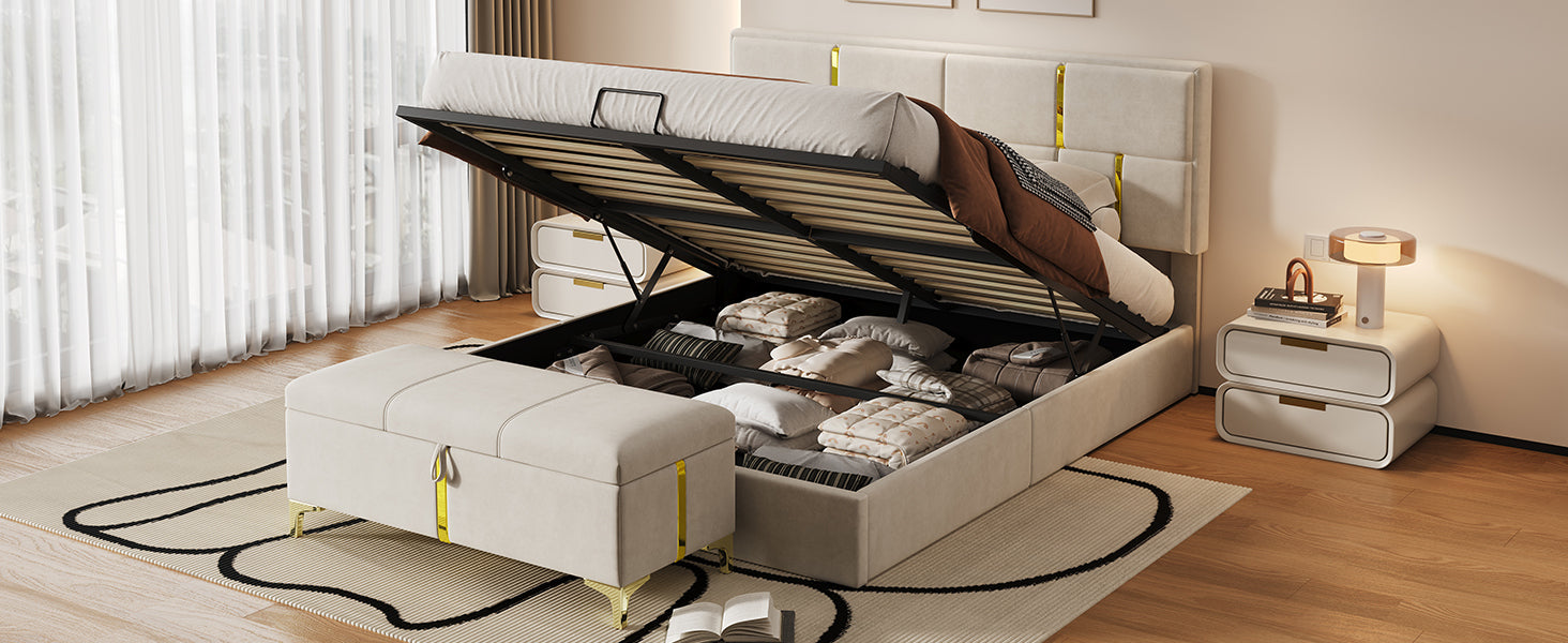 2-Pieces Bedroom Sets,Queen Size Upholstered Platform Bed with Hydraulic Storage System,Storage Ottoman with Metal Legs,Beige(Old SKU:N733S207778A)
