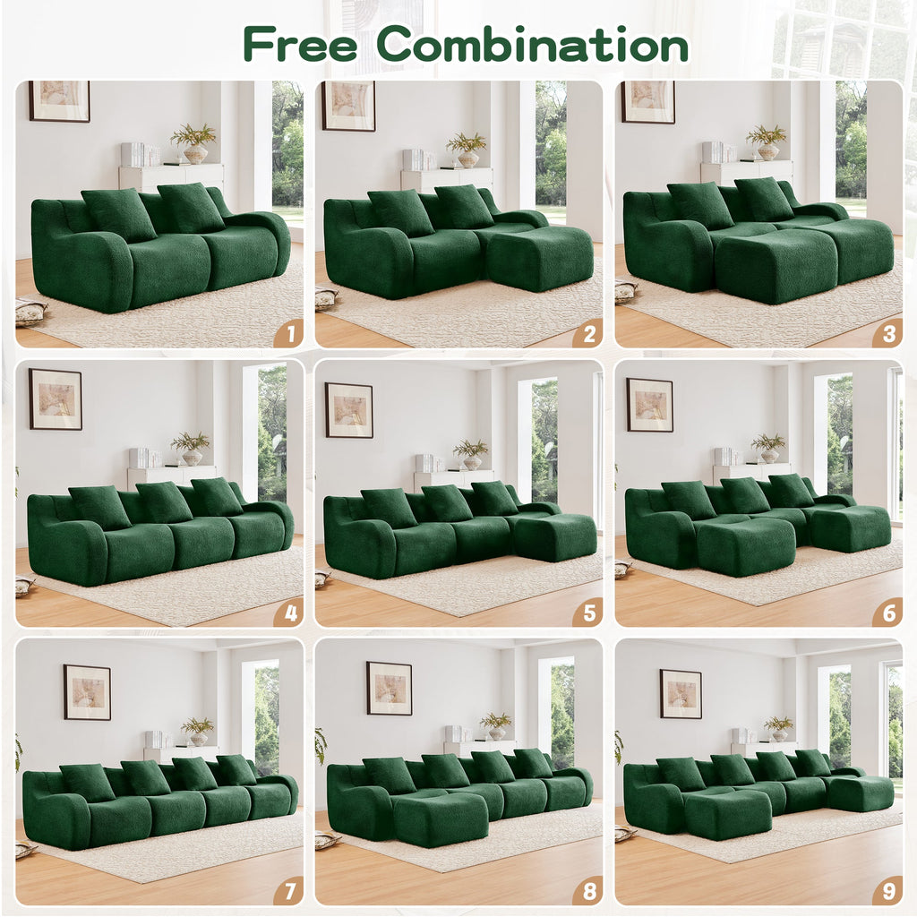 U-Shaped Boneless Sofa,Teddy Fabric No assembly required   Curved armrest,Anti-slip Design,Streamlined Design 32D High Density Sponge,Full Compression Vacuum Packag,For Studies living Rooms,Green