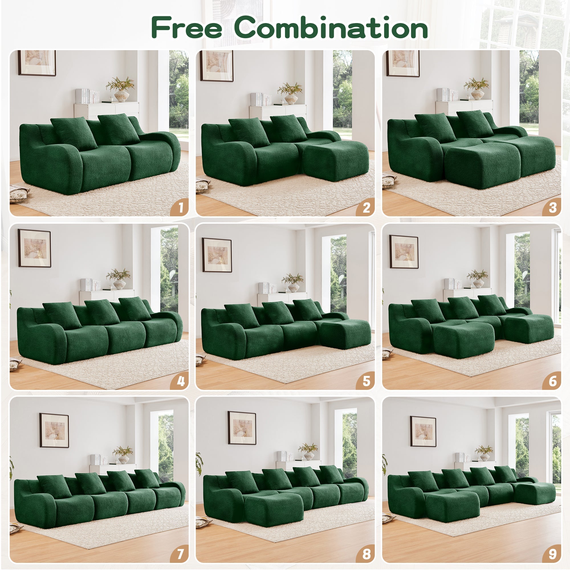 U-Shaped Boneless Sofa,Teddy Fabric No assembly required   Curved armrest,Anti-slip Design,Streamlined Design 32D High Density Sponge,Full Compression Vacuum Packag,For Studies living Rooms,Green