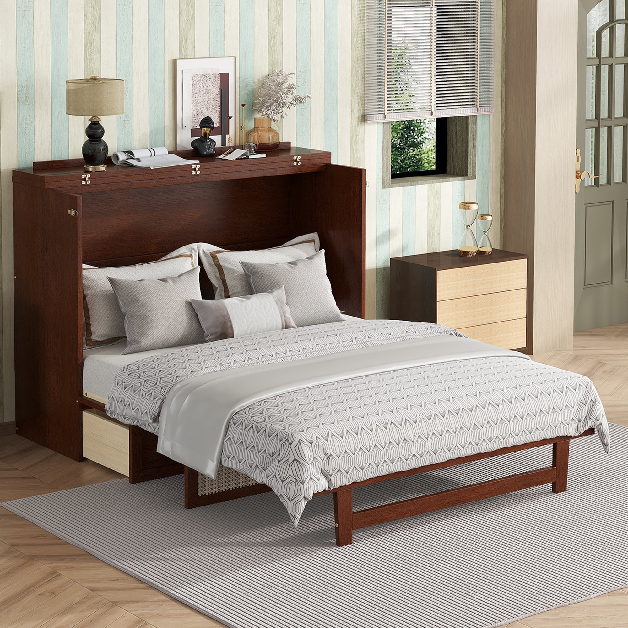 Queen Size Murphy Bed, Pine Wood Cabinet Bed with Rattan Decoration and Storage Drawer,Walnut