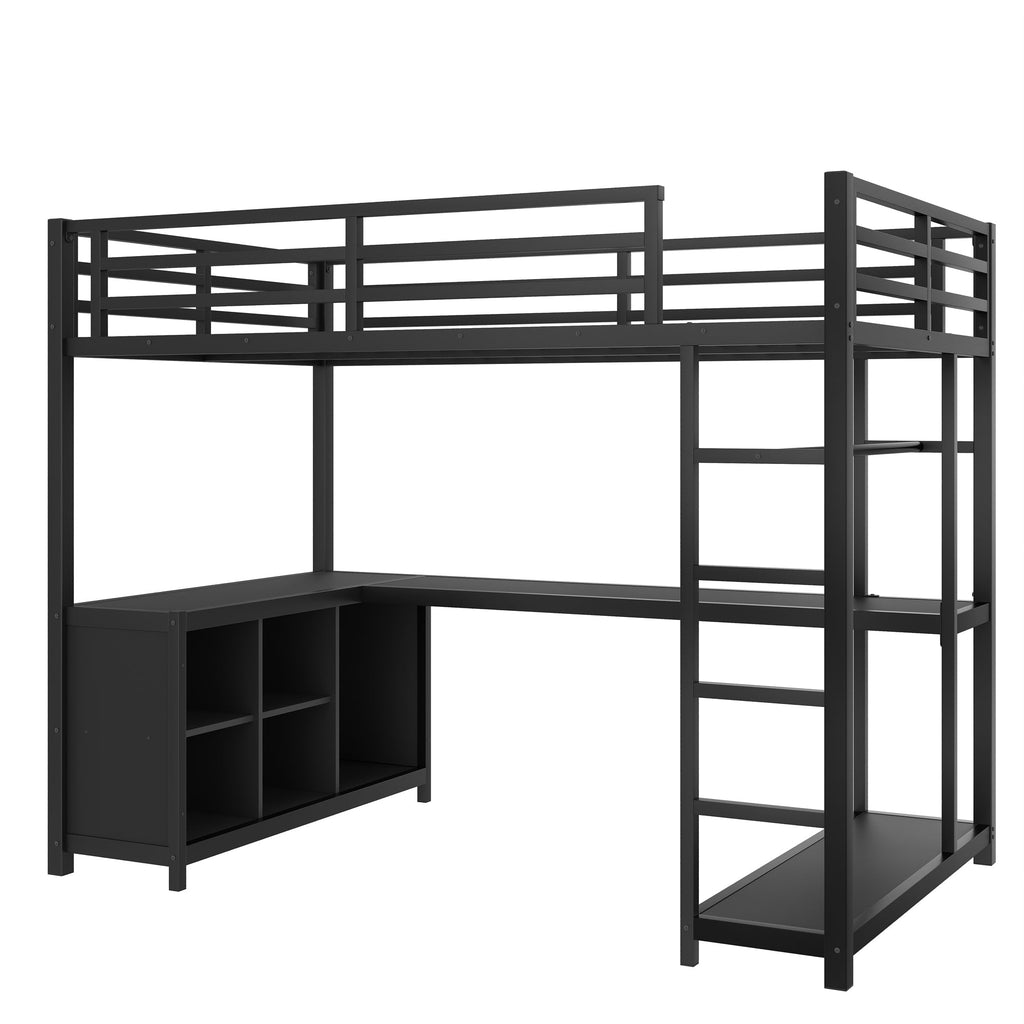 Metal Loft Bed with Wardrobe and L-shaped Desk, Twin XL Size Loft Bed with Storage Cubes and Shelves, Loft Bed for Kids Teens Adults, Black