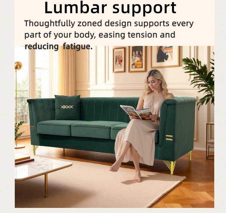 FX-P82-2PC SOFA -GR3  Green Velvet Sofa Set of 2, Two Modern 3-Seater Sofas with Plush Cushions & Gold-Tone Metal Legs  Stylish Living Room Couch Set for Homes, Apartments, and Guest Areas