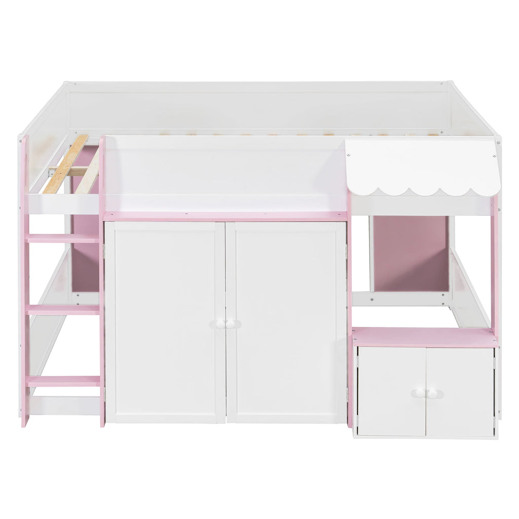 Full Loft House Bed with Playhouse & Storage, Modern Wood Cabin Bed for Kids/Teens, White+Pink