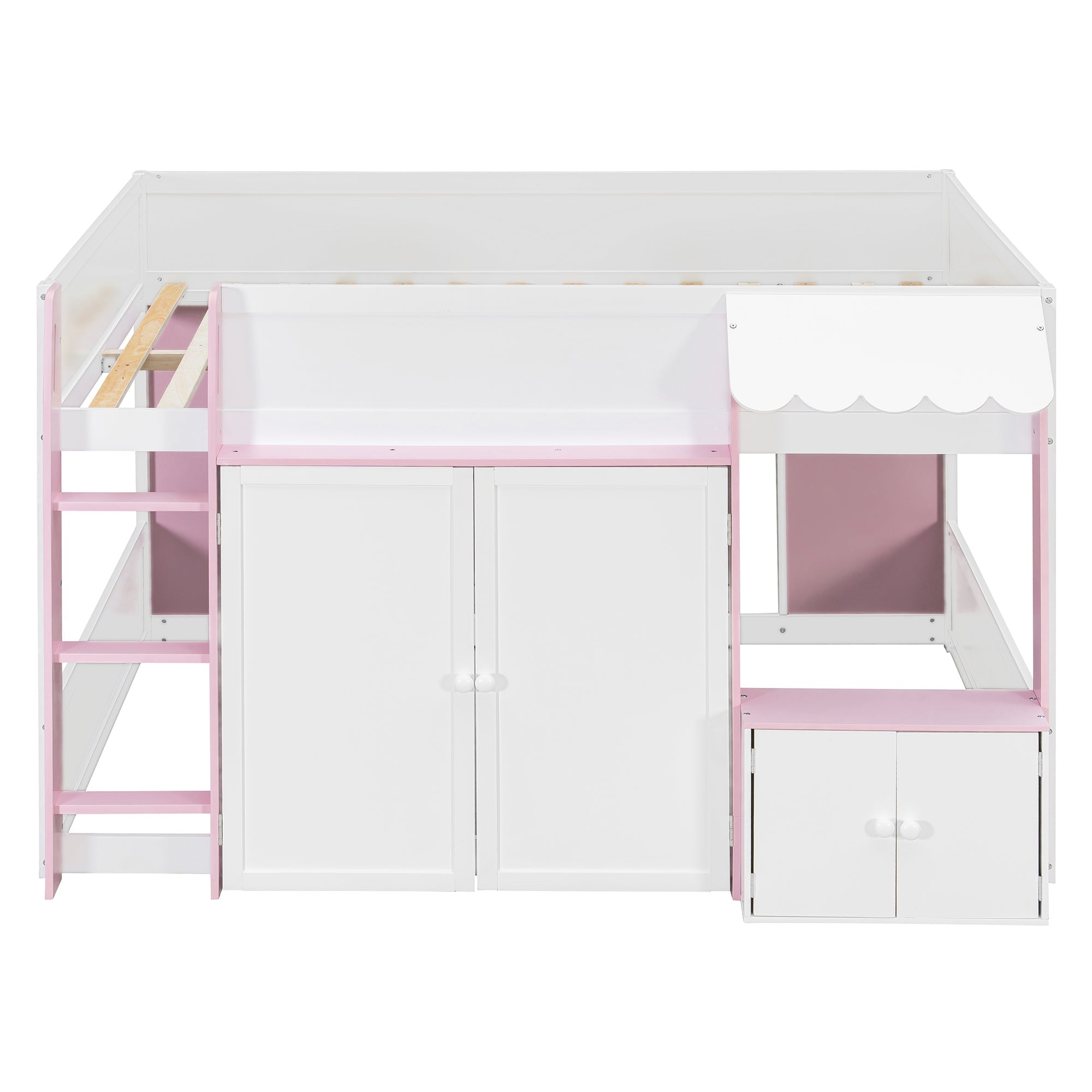 Full Loft House Bed with Playhouse & Storage, Modern Wood Cabin Bed for Kids/Teens, White+Pink