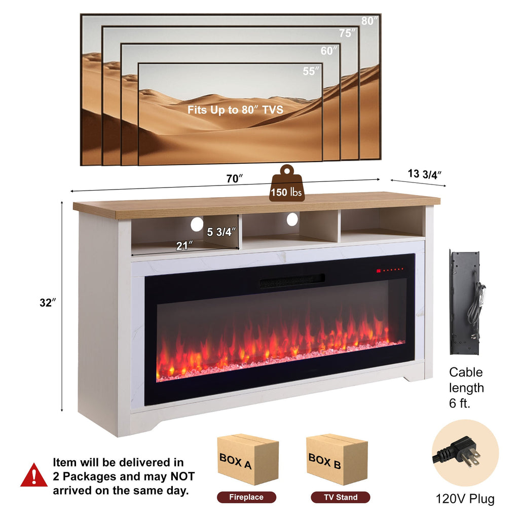 70 inch Fireplace TV Stand for TVs up to 70',with 60'smart Electric Fireplace,white
