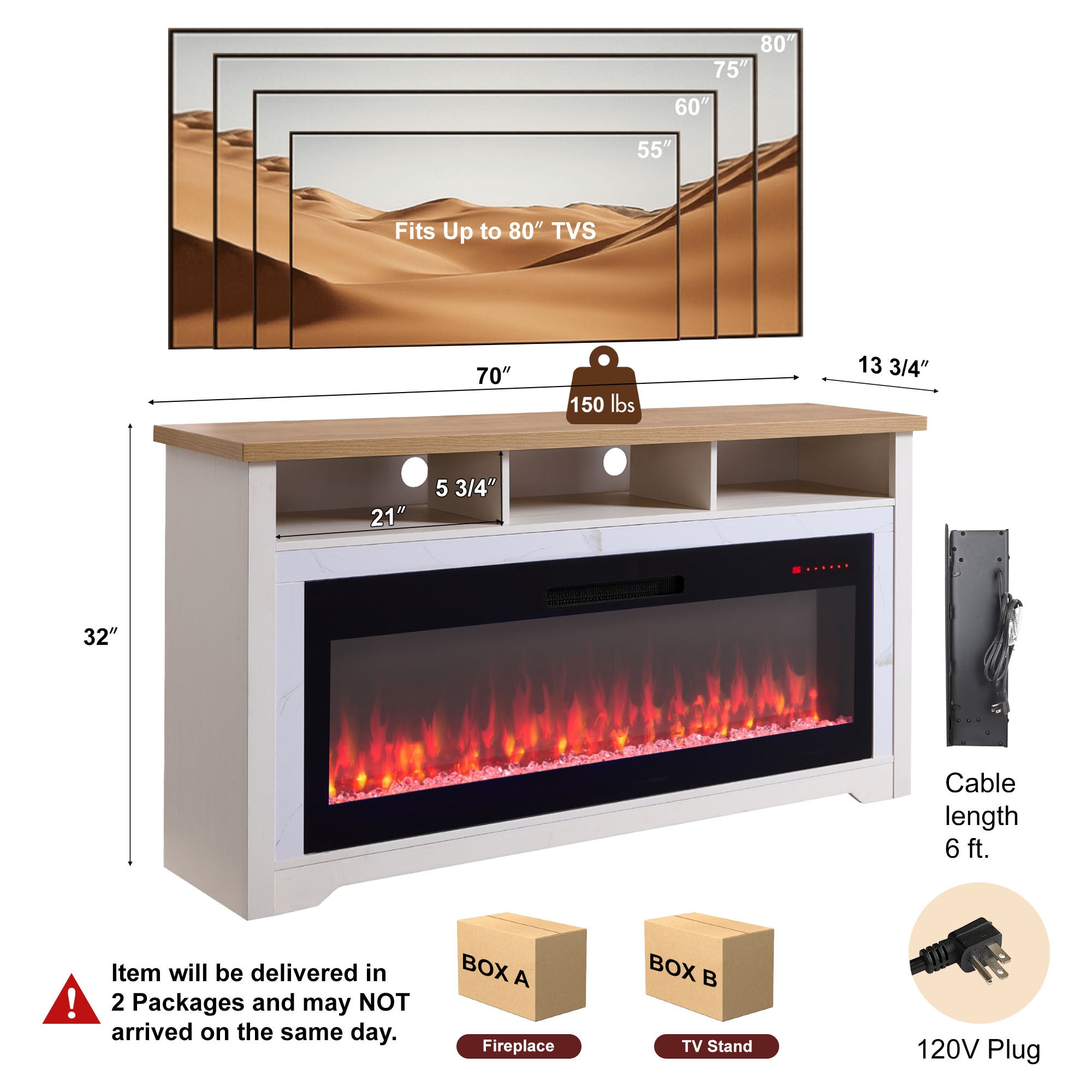70 inch Fireplace TV Stand for TVs up to 70',with 60'smart Electric Fireplace,white