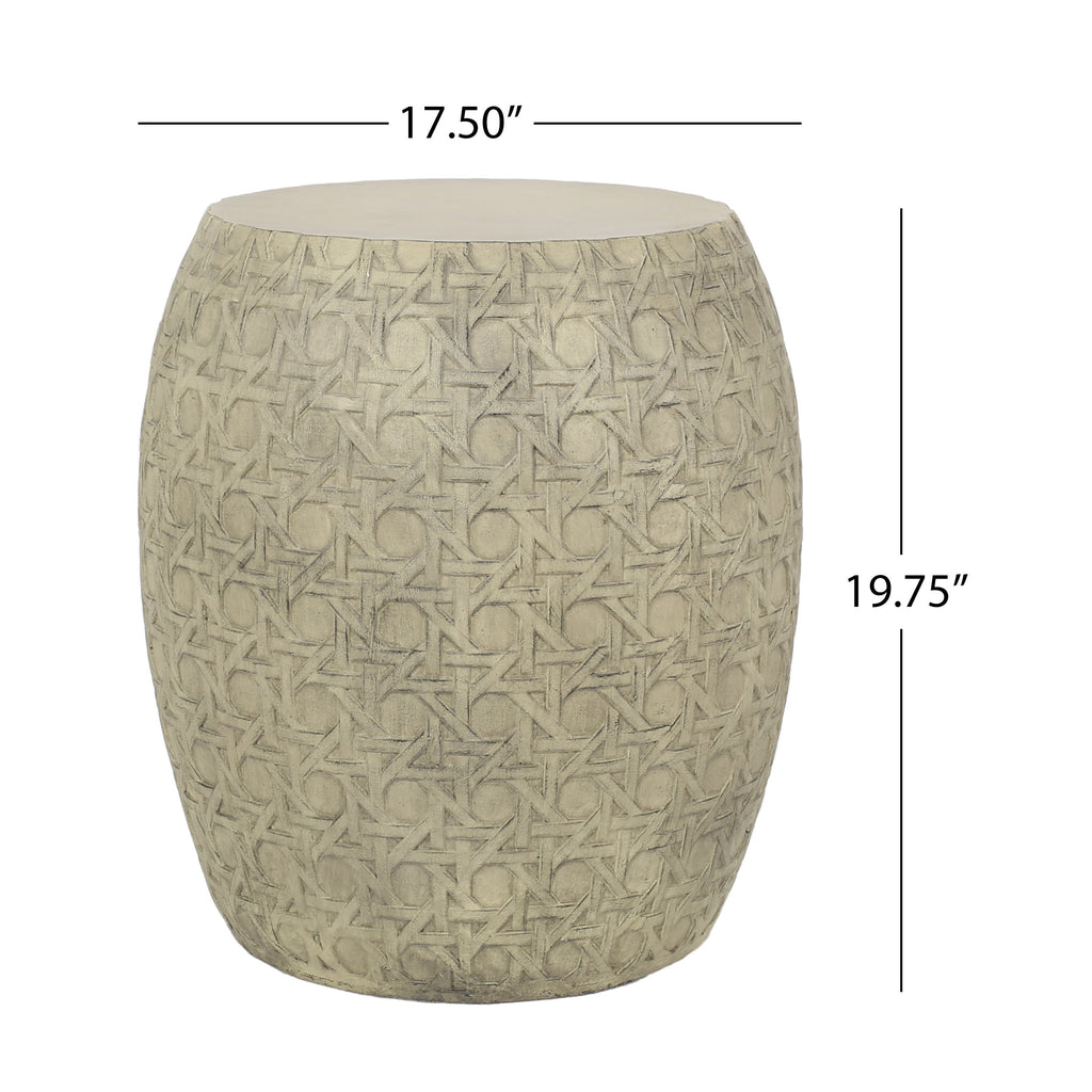 Bohemian Outdoor Lightweight Concrete Side Table with Cane Wicker Pattern, Antique Yellow, Magnesium Oxide, 17.50' x 17.50' x 19.75'