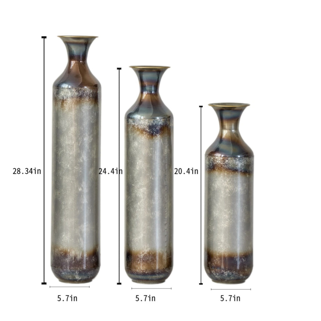 Modern Droplet-Shaped Floor Vase Set – Gold & White Glazed Metal Decorative Vases – 3-Piece Home Accent for Living Room or Entryway