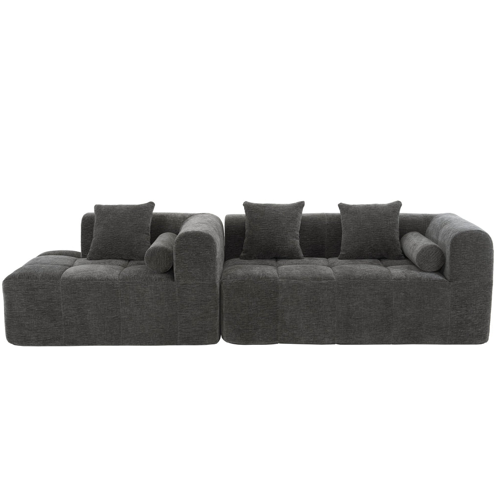 Modern Grey Modular Sectional Sofa with Deep Seating and Side Pockets in Chenille Fabric