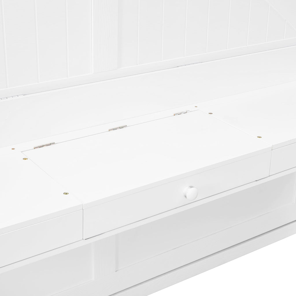Queen Size Wall Murphy Bed with Storage, Foldable Cabinet Bed with Vanity Desk, Center Mirror & 2 Side Drawers, White
