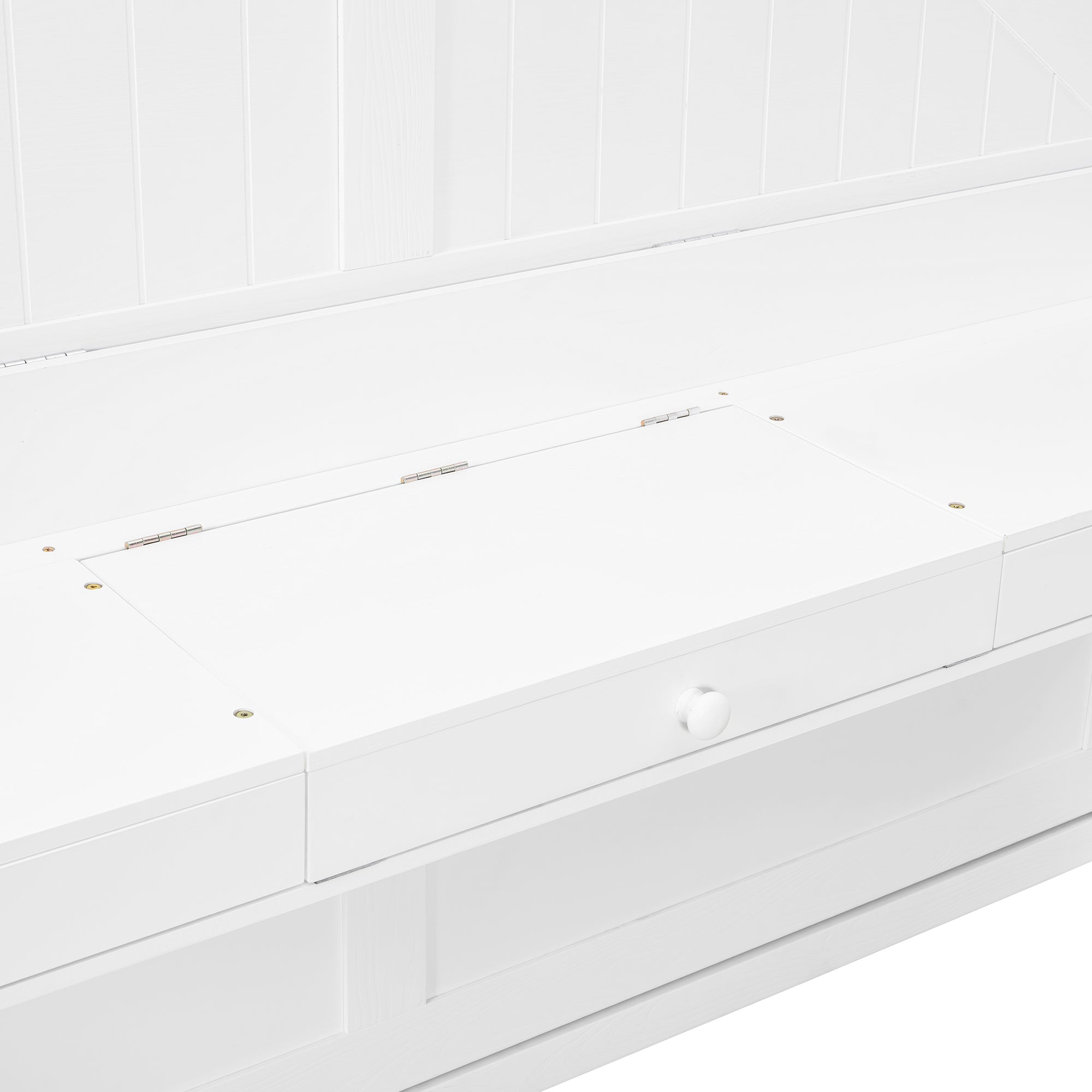 Queen Size Wall Murphy Bed with Storage, Foldable Cabinet Bed with Vanity Desk, Center Mirror & 2 Side Drawers, White