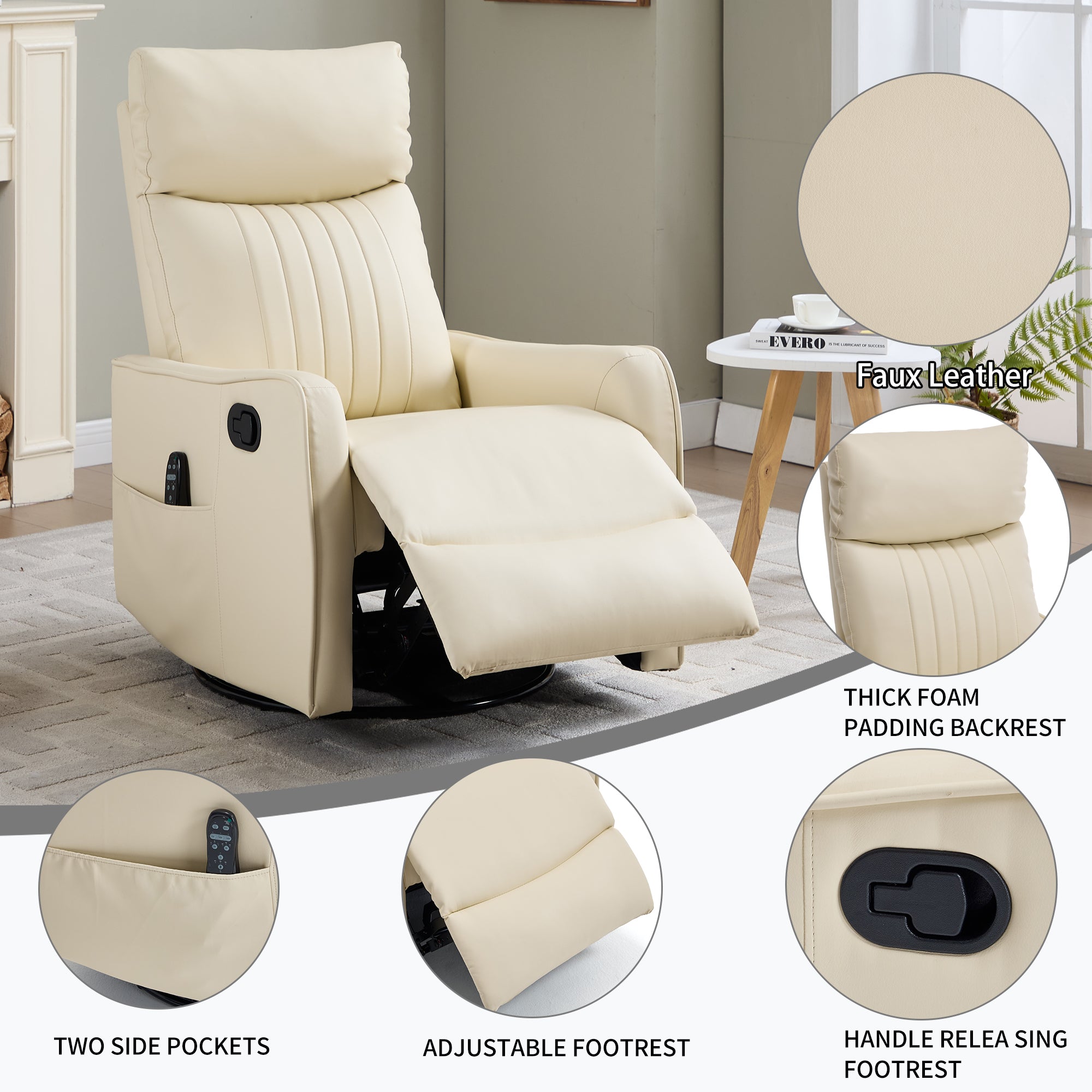 Beige Heat Massage Manual Recliner Chair with Rocker and Swivel in Faux Leather for Living Room