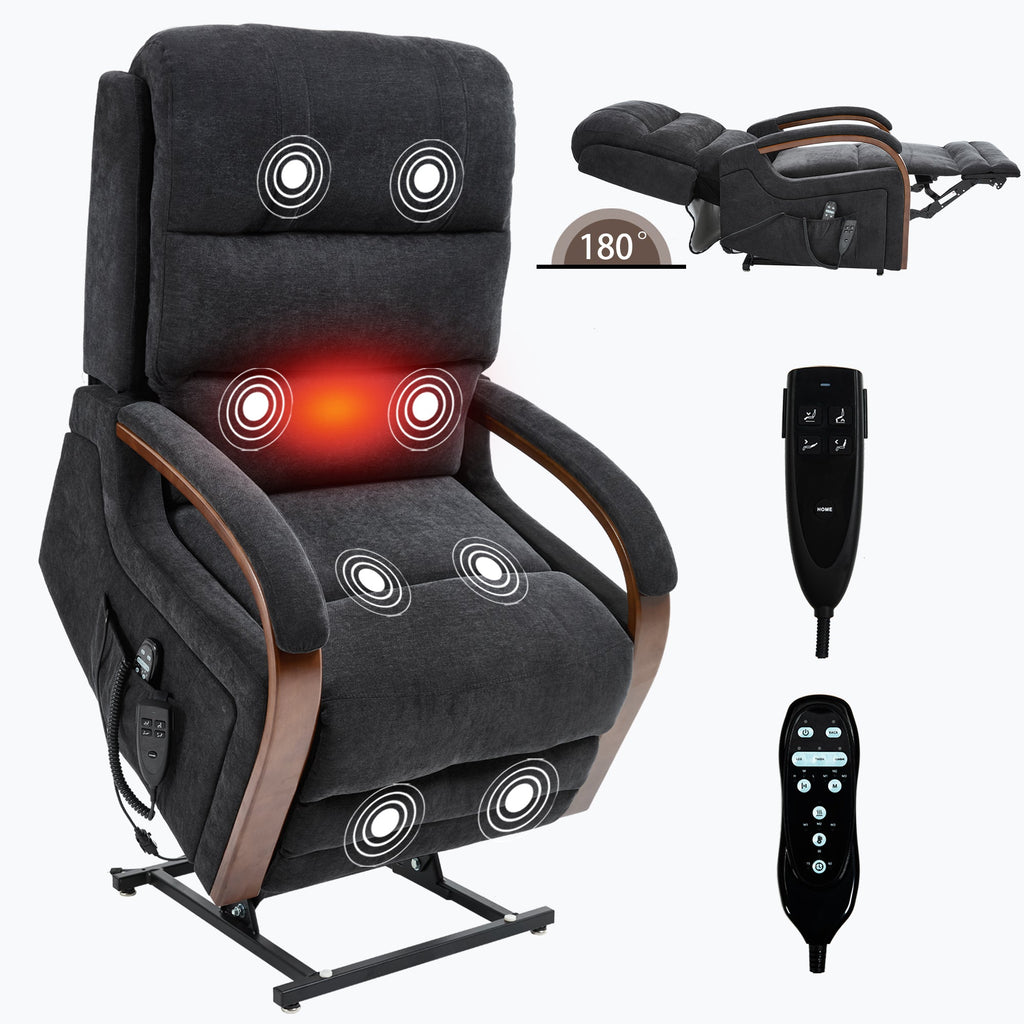 Power Black Chenille Lift Recliner Chair Dual Motor Infinite Position Up to 350 LBS with Solid Wood Armrests, Heat Massage and Heavy Duty Motion Mechanism