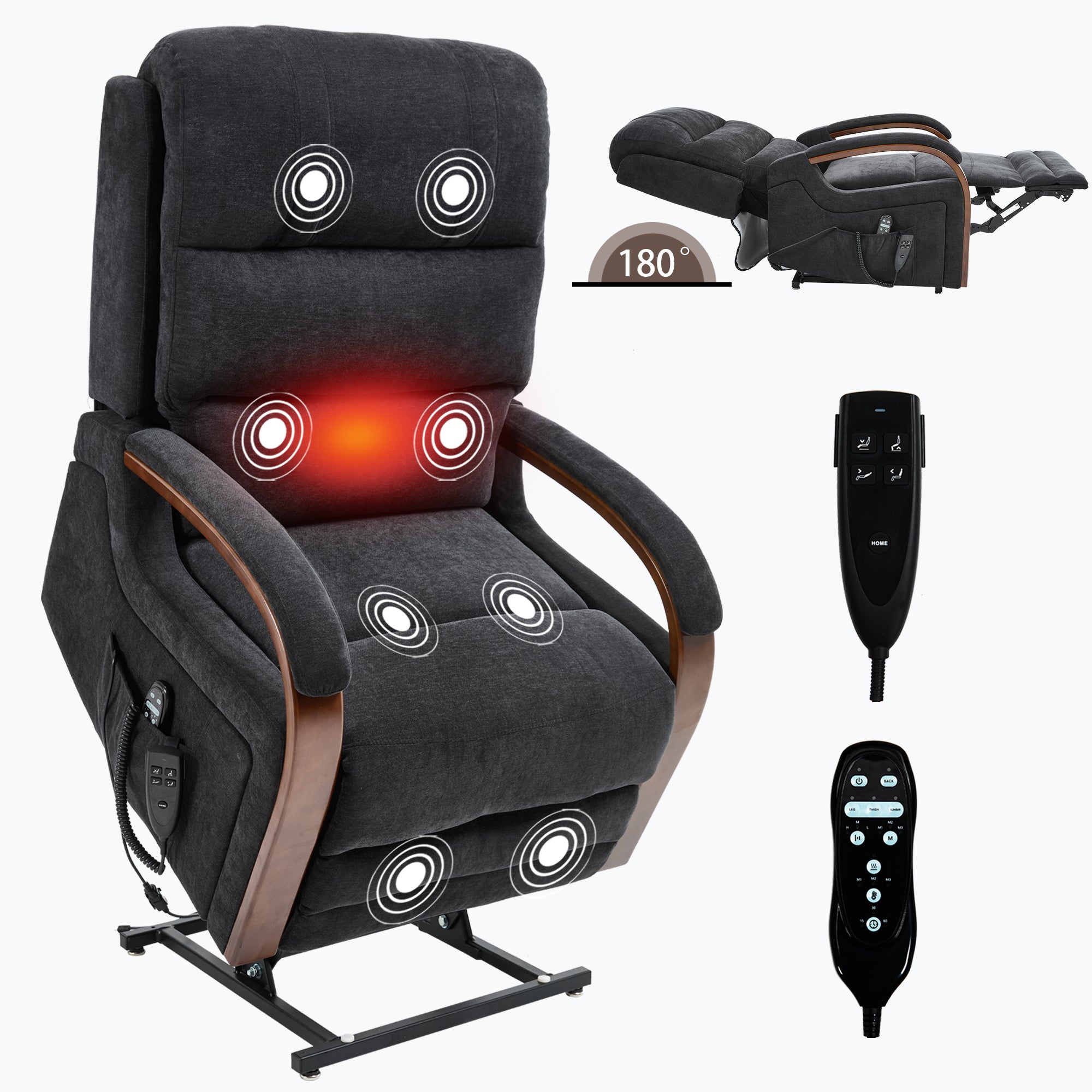 Power Black Chenille Lift Recliner Chair Dual Motor Infinite Position Up to 350 LBS with Solid Wood Armrests, Heat Massage and Heavy Duty Motion Mechanism