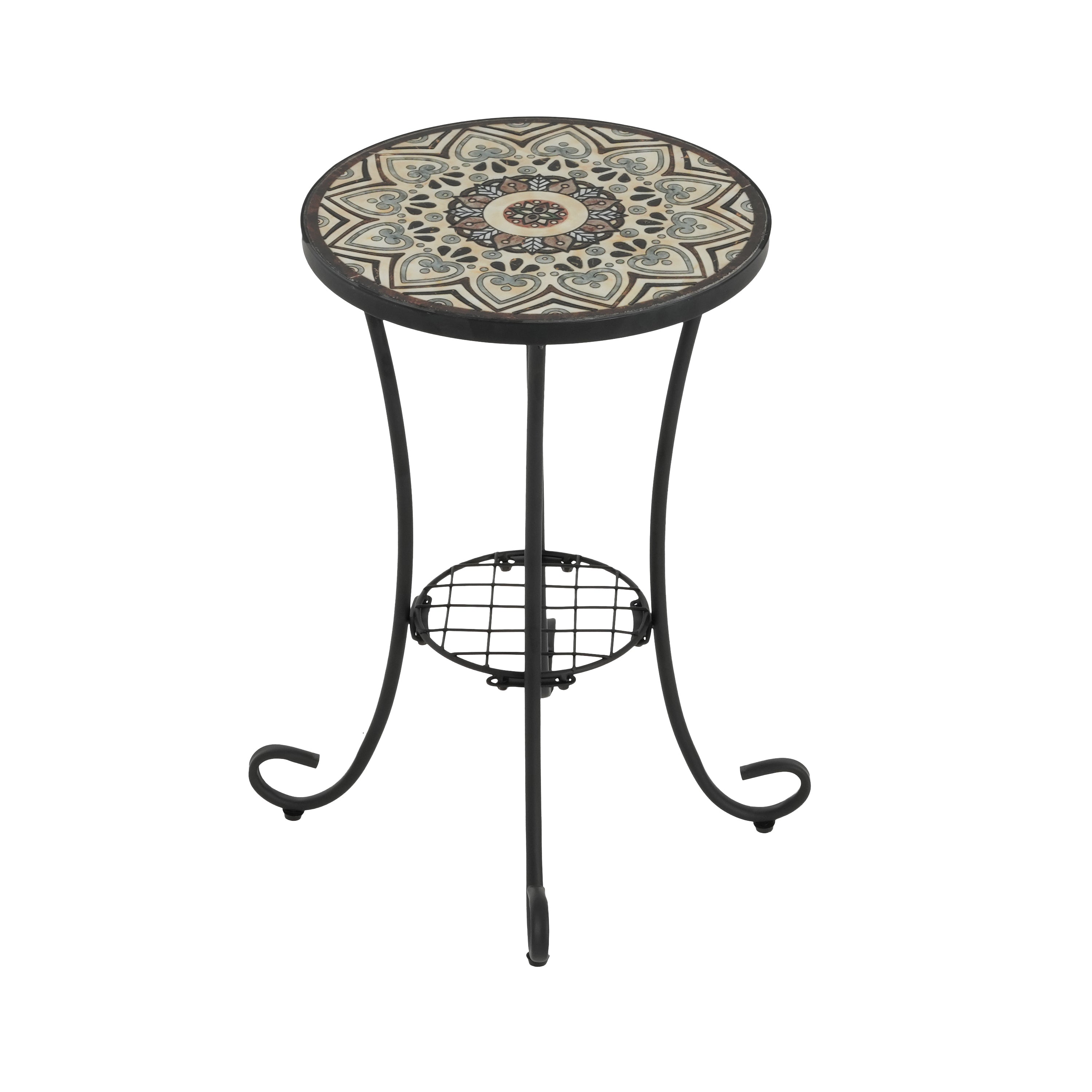 Ceramic Tile and Iron Patio Side Table with Shelf, Brown and Black, 14-inch Diameter