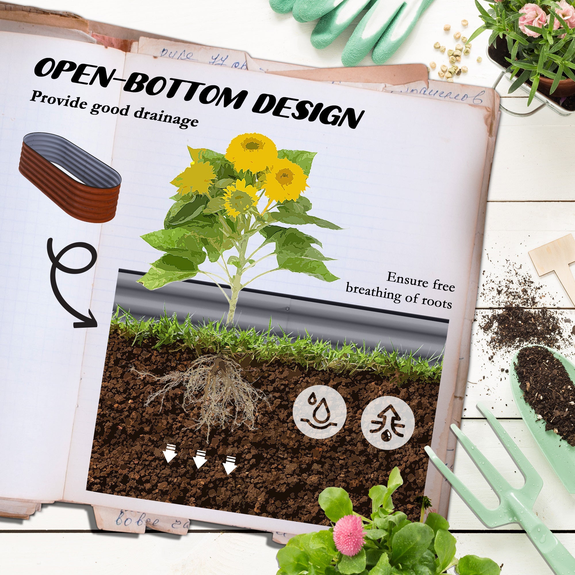 Outsunny 5' x 2' x 1.4' Galvanized Raised Garden Bed Kit, Outdoor Metal Elevated Planter Box with Safety Edging, Easy DIY Stock Tank for Growing Flowers, Herbs & Vegetables, Brown
