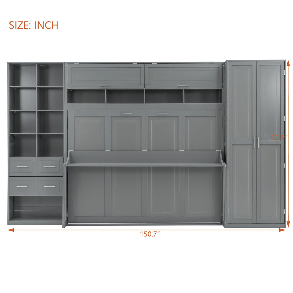 Queen Size Murphy Bed Wall Bed with Closet , Drawers and Shelves,Gray