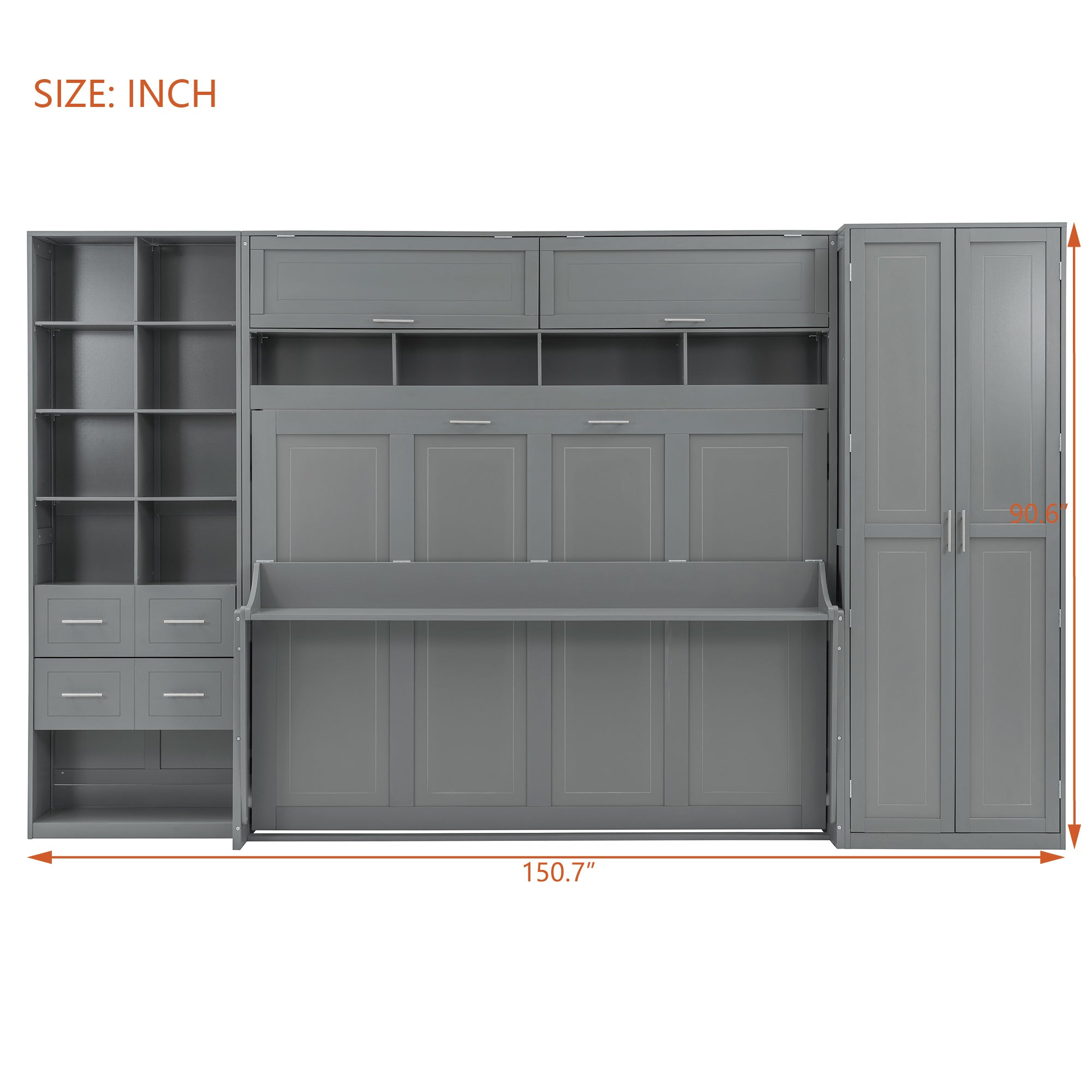 Queen Size Murphy Bed Wall Bed with Closet , Drawers and Shelves,Gray
