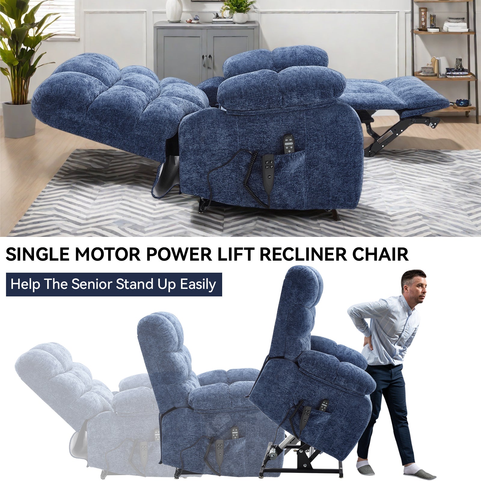 Lift Recliner Chair Heat Massage Dual Motor Infinite Position Up to 350 LBS Large Electric Power Lift Recliners with Power-Remote, Medium-firm and Heavy duty, Blue