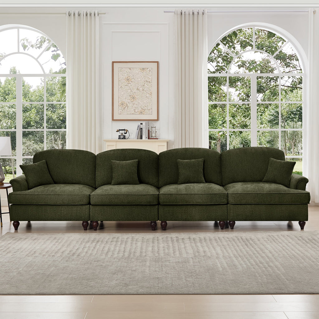 Elegant Mid Century Large 4 Seater Sofa Couch with Flared Arms and Removable Ruffles Pleats Skirts and Spindle Legs, Comfy Chenille Four-Seat Sofa for Living Room, Green