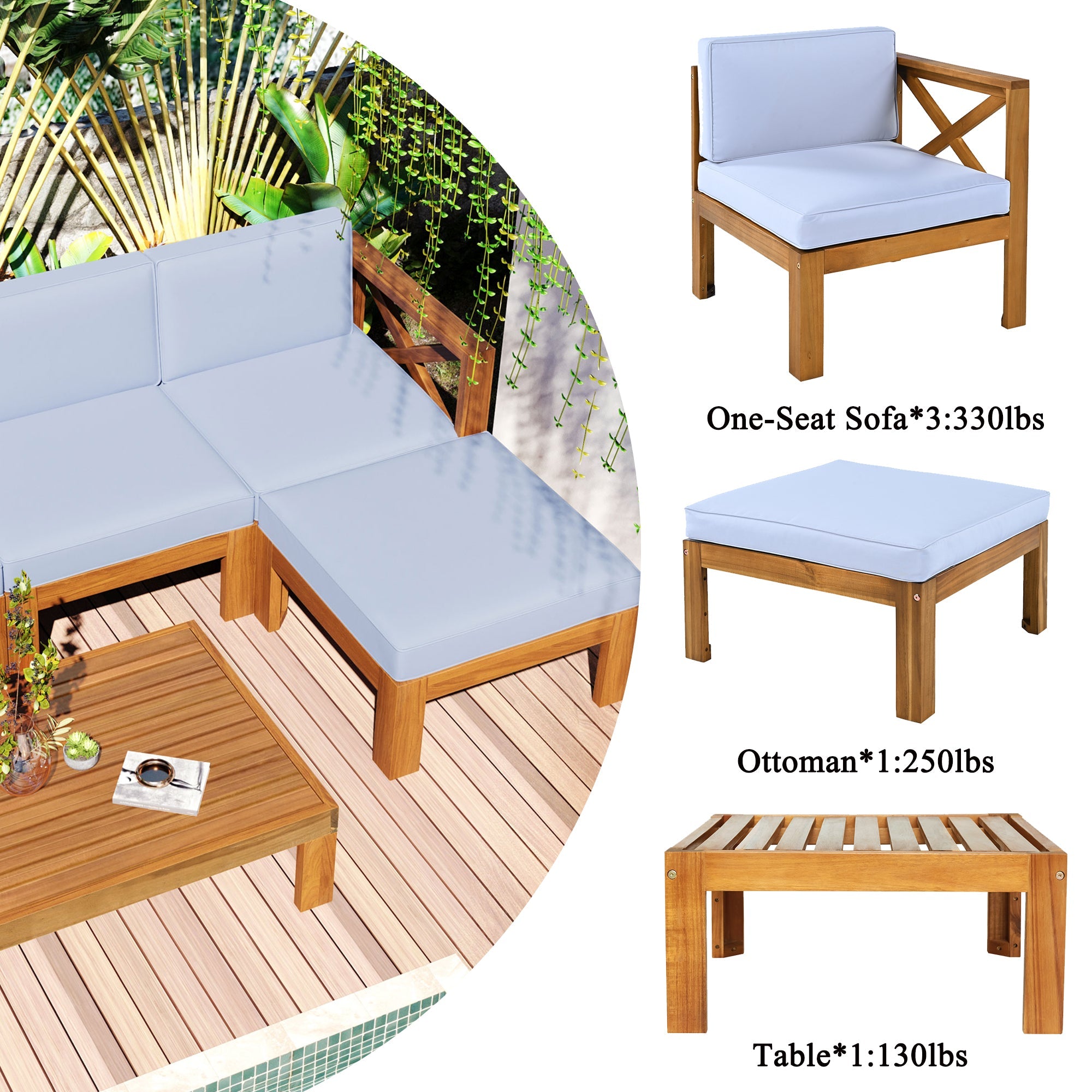 TOPMAX Outdoor Backyard Patio Wood 5-Piece Sectional Sofa Seating Group Set with Cushions, Natural Finish+ Gray Cushions