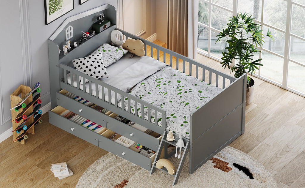 Twin Bed Frame with Storage 4 Drawers,Wooden Bed Frame for Kids,Platform Twin Size Bed with Guardrail Headboard and Ladder, No Box Spring Needed, Easy Assembly, Gray