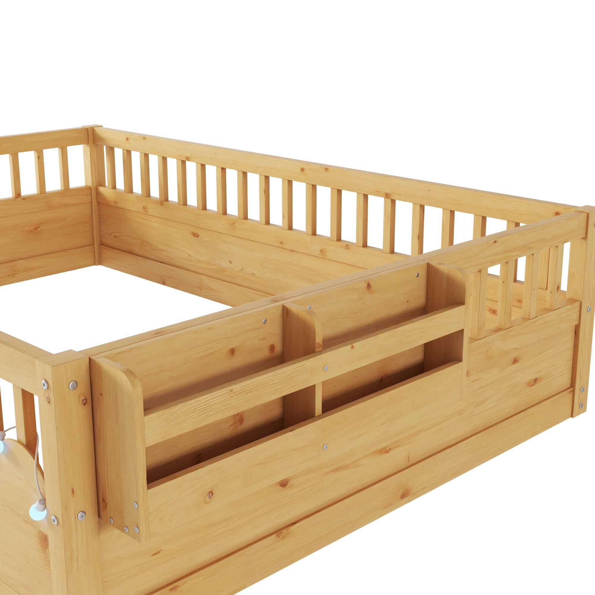 Full Montessori Floor Bed Frame with High Rails, Wood Kids Floor Beds with Light and Storage Shelf, Natural (Expect Arrival Date 2025/8/15)