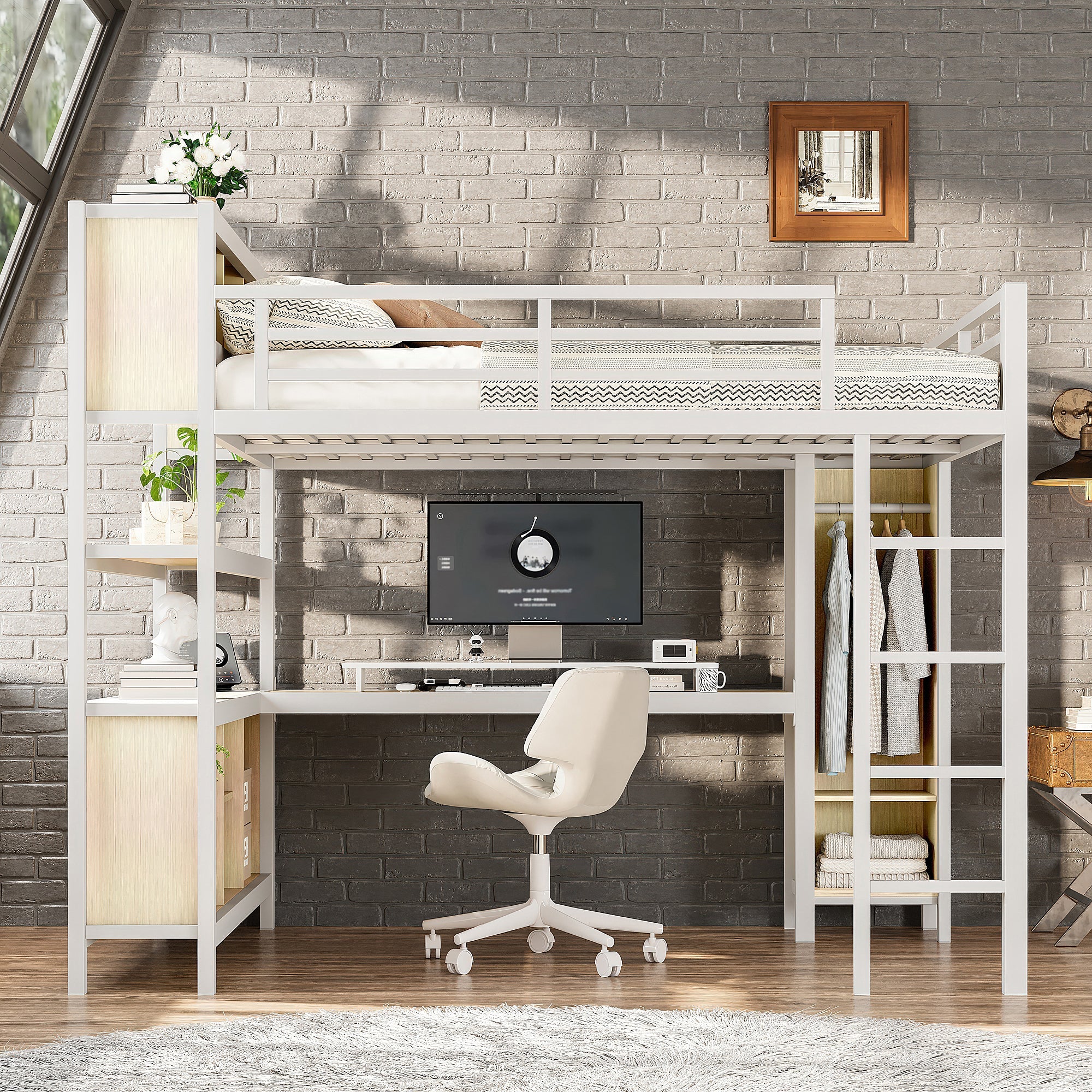 Metal Loft Bed with Wardrobe And L-shaped Desk, Queen Size Loft Bed with Storage Cubes and Shelves, Heavy Duty Loft Bed for Kids Teens Adults, White Wood-grain
