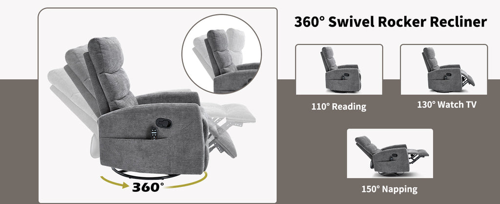 Heat Massage Manual Recliner Chair with Rocker and Swivel in Fabric for Living Room, GREY
