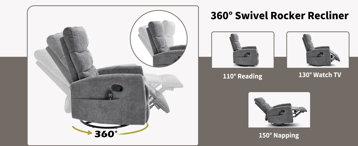 Heat Massage Manual Recliner Chair with Rocker and Swivel in Fabric for Living Room, GREY