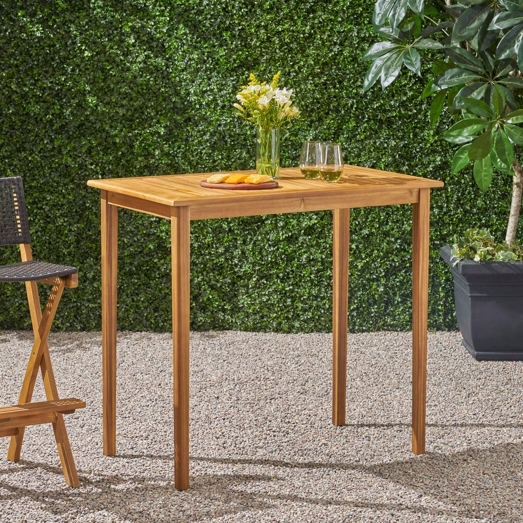 Outdoor Minimalist Acacia Wood Rectangle Bar Table - Teak Finish, Durable Hardwood, 44 x 25 x 40 inches