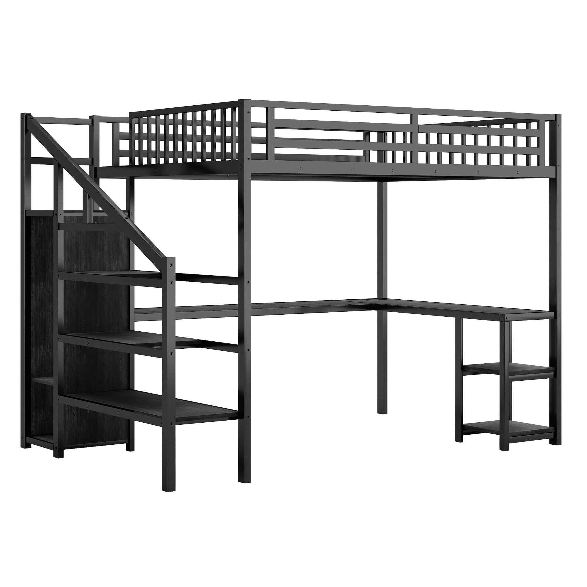 Metal Queen Loft Bed with Wardrobe and LED Light, Queen Size Loft Bed with L Shaped Desk and USB for Kids Teens Adults, Black(Old SKU W2593S00033)