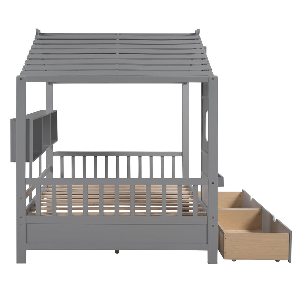 Wooden Full Size House Bed with 2 Drawers,Kids Bed with Storage Shelf, Gray(Old SKU: HL000052AAE)