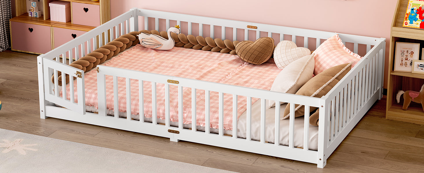 Queen Size Bed Floor Bed with Safety Guardrails and Door for Kids, White(Old SKU:  W1580P154628 )