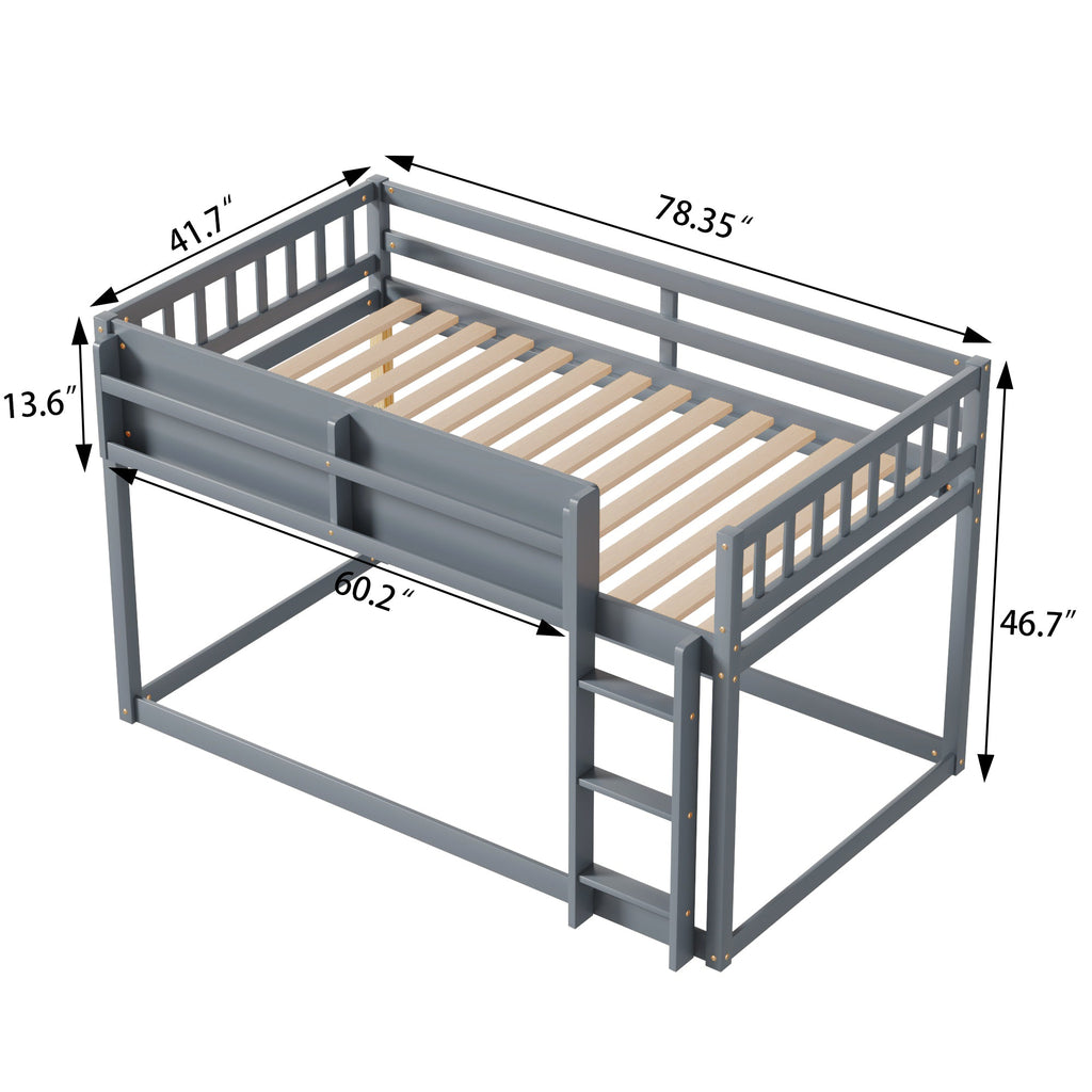Low Twin Over Twin Bunk Bed, Floor Bunk Bed with Ladder, Solid Wood Twin Bunk Bed for Kids & Juniors, Grey(Expect Arrival Date 2025/11/25)