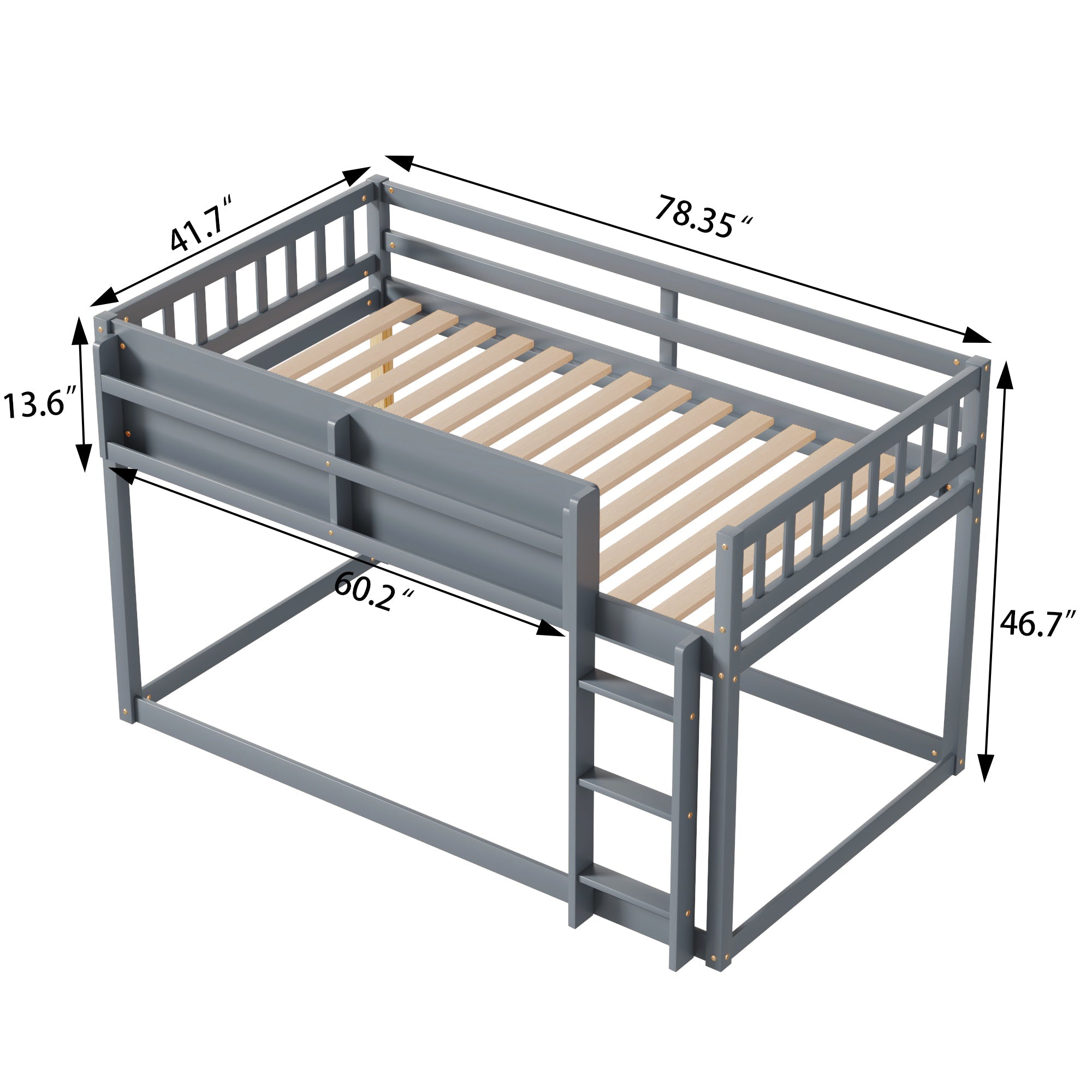 Low Twin Over Twin Bunk Bed, Floor Bunk Bed with Ladder, Solid Wood Twin Bunk Bed for Kids & Juniors, Grey(Expect Arrival Date 2025/11/25)