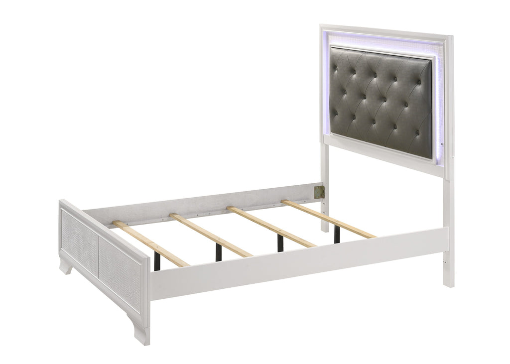 Modern White Crocodile Skin Finish Upholstered 1pc Full Size LED Panel Bed Faux Diamond Tufted Bedroom Furniture
