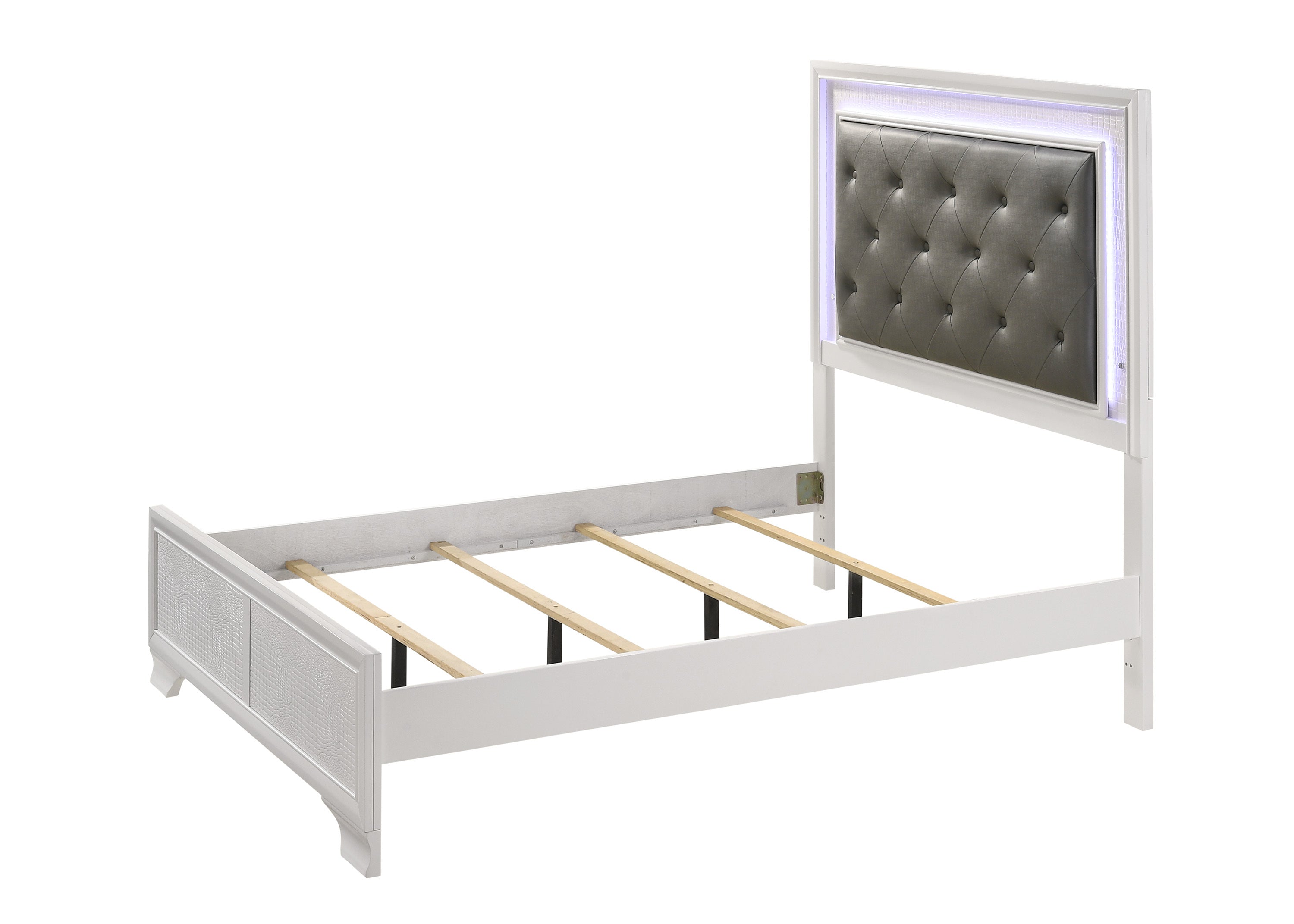 Modern White Crocodile Skin Finish Upholstered 1pc Full Size LED Panel Bed Faux Diamond Tufted Bedroom Furniture