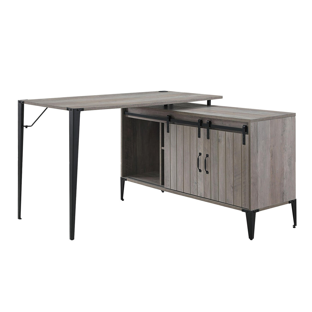 L-Shape Writing Desk with Side Cabinet, Gray Oak and Black
