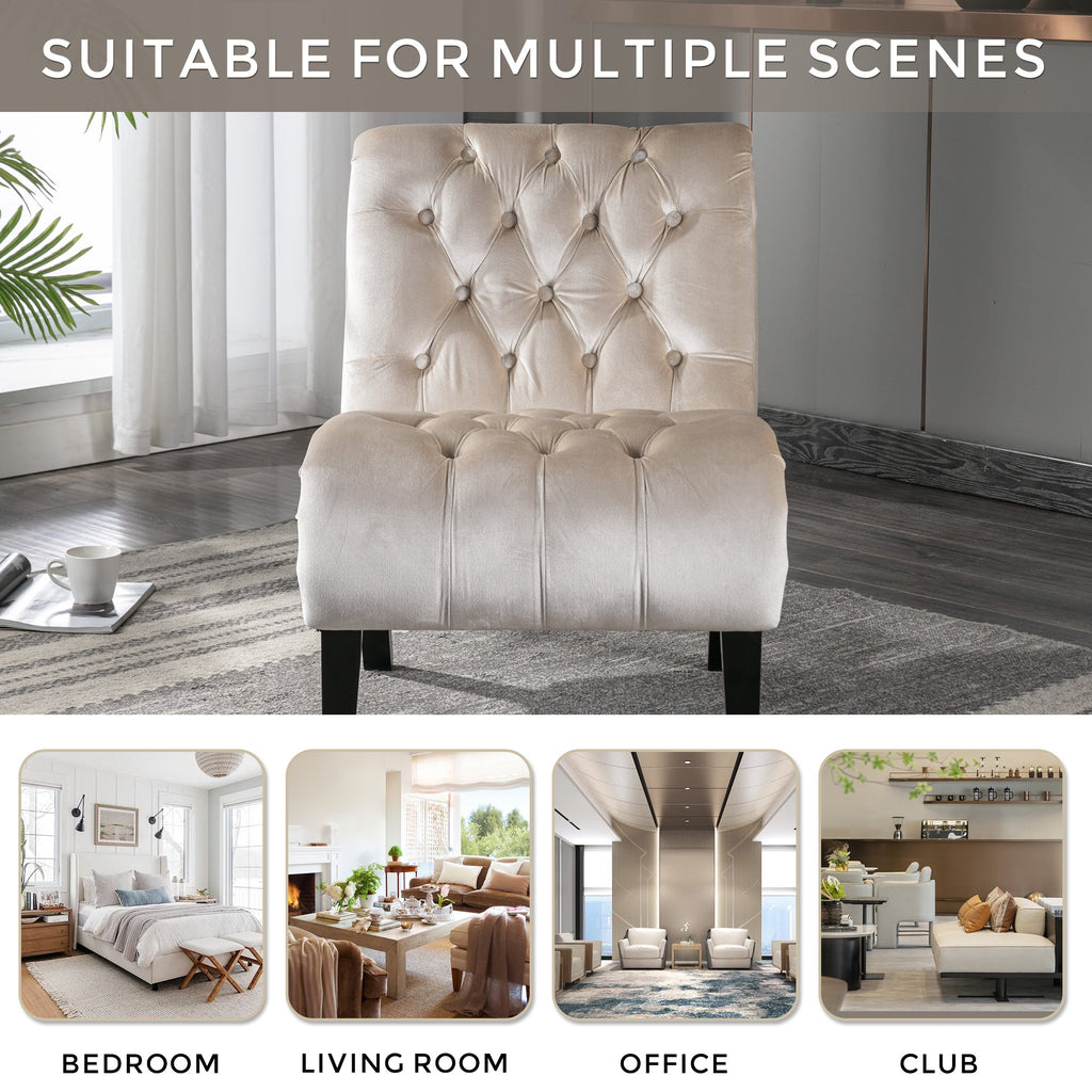 COOLMORE Modern Velvet Armless Accent Living Room Chair / Leisure Chair,Upholstered Fabric Button Comfortable Chair with Wooden Legs for Bedroom, Living Room, Office (Beige Velvet)
