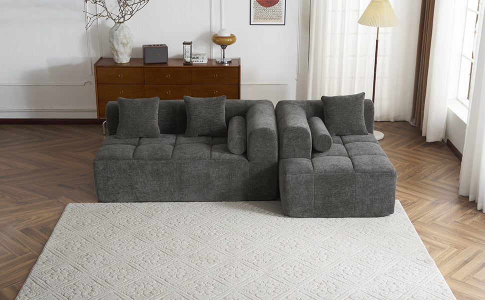 Modern Grey Modular Sectional Sofa with Deep Seating and Side Pockets in Chenille Fabric