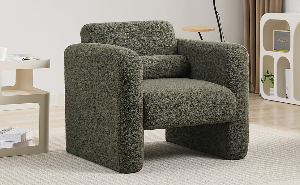 Modern Accent Chair Lambskin Sherpa Fabric Upholstered Comfy Reading Arm Chair Seaweed Green