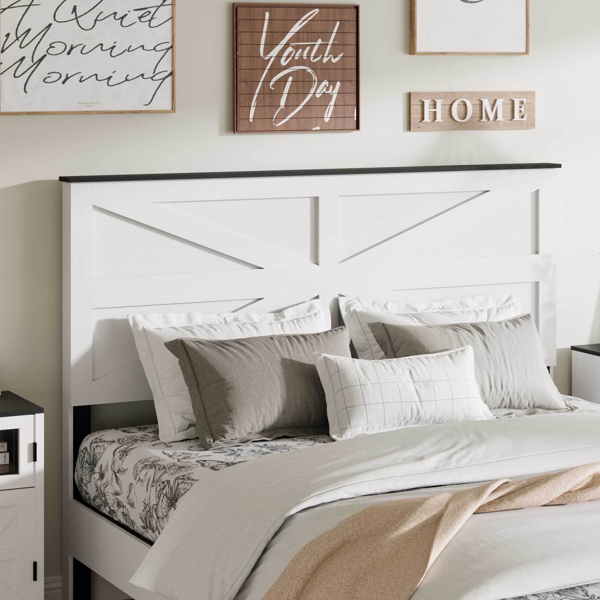 Full Bed Frame Headboard , Wood Platform Bed Frame , Noise Free,No Box Spring Needed and Easy Assembly Tool,Large Under Bed Storage,White