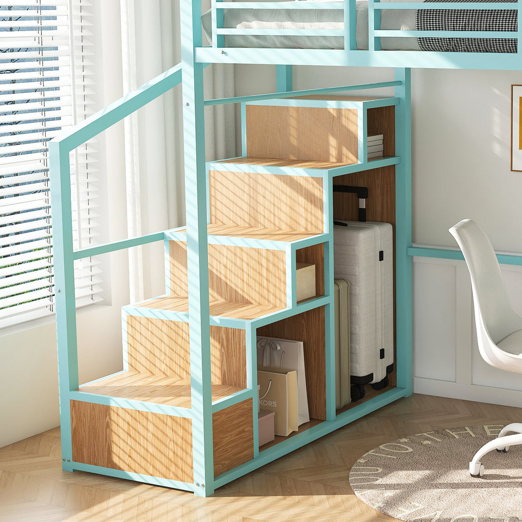 Heavy Metal Frame Full Loft Bed with Desk & Storage, 4 Cabinets, Staircase, Rack Space-Saver for Kids/Teens, Green Color